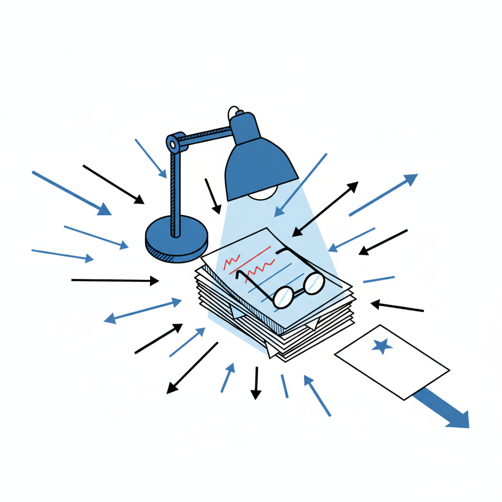Editorial illustration: an editor's desk with sources being curated and deduplicated