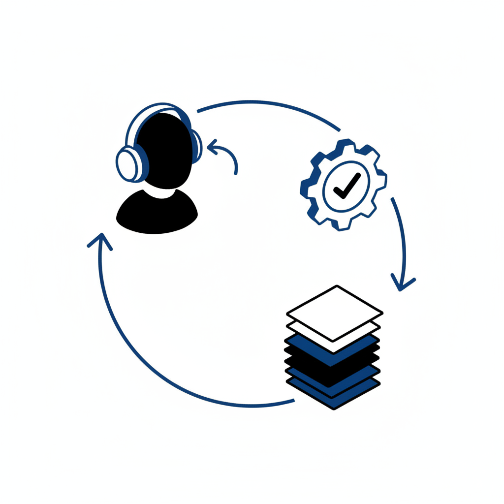 Editorial illustration: circular flow showing listen, feedback, improve, deliver cycle